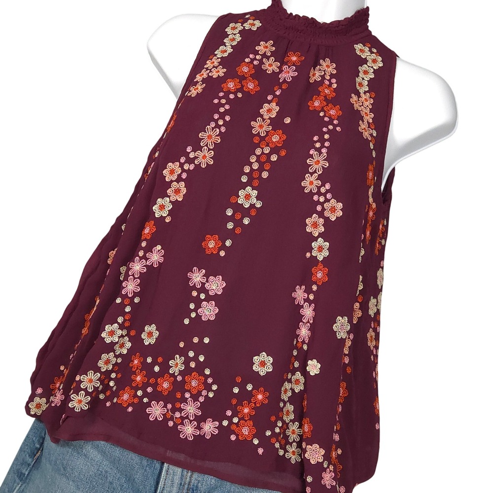 Floreat Women XS Daisy Chain Sleeveless Blouse Embroidered High Neck Top Maroon